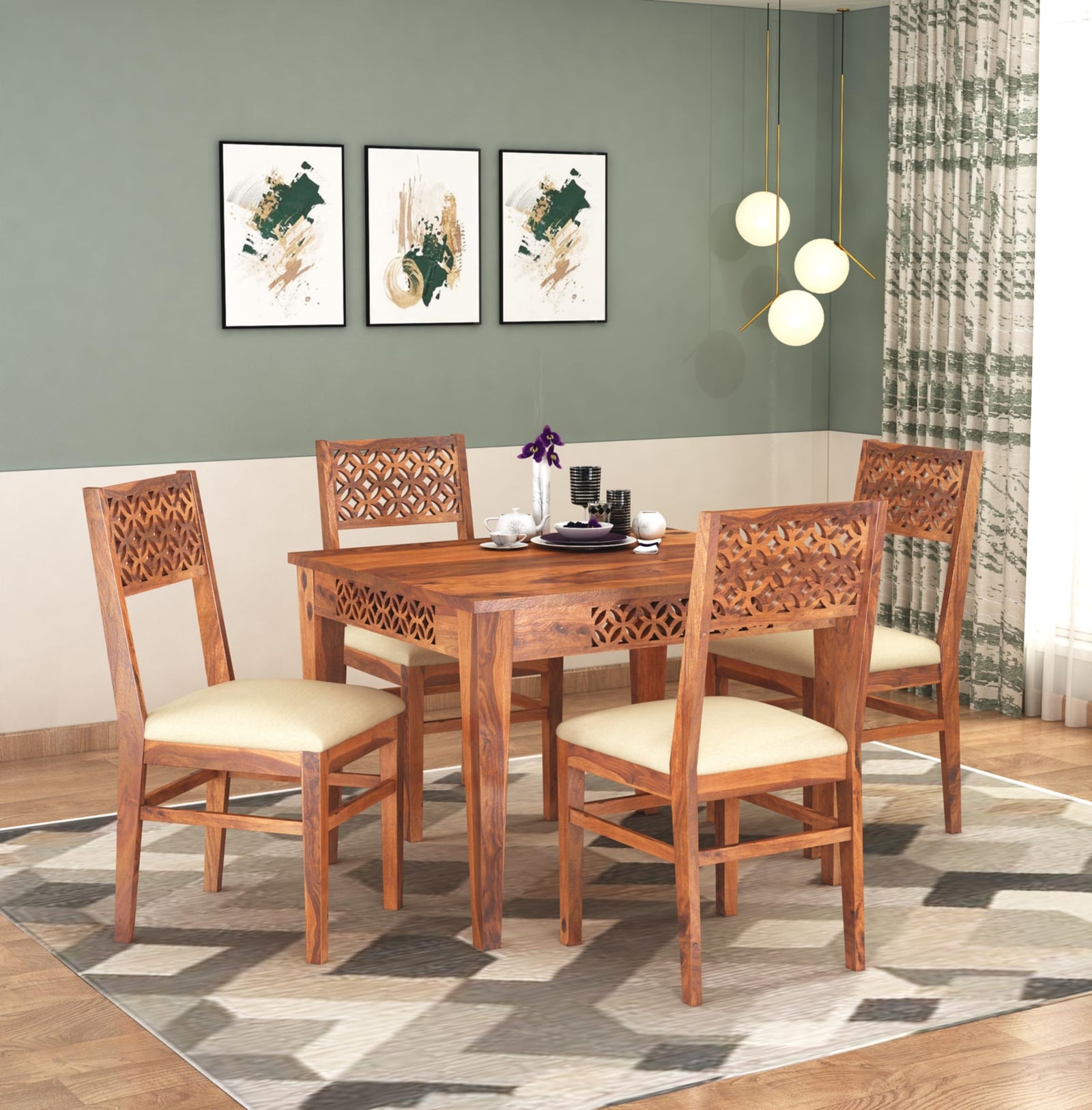 CNC Solid Sheesham Wooden Dining Table 4 Seater Finish - Honey