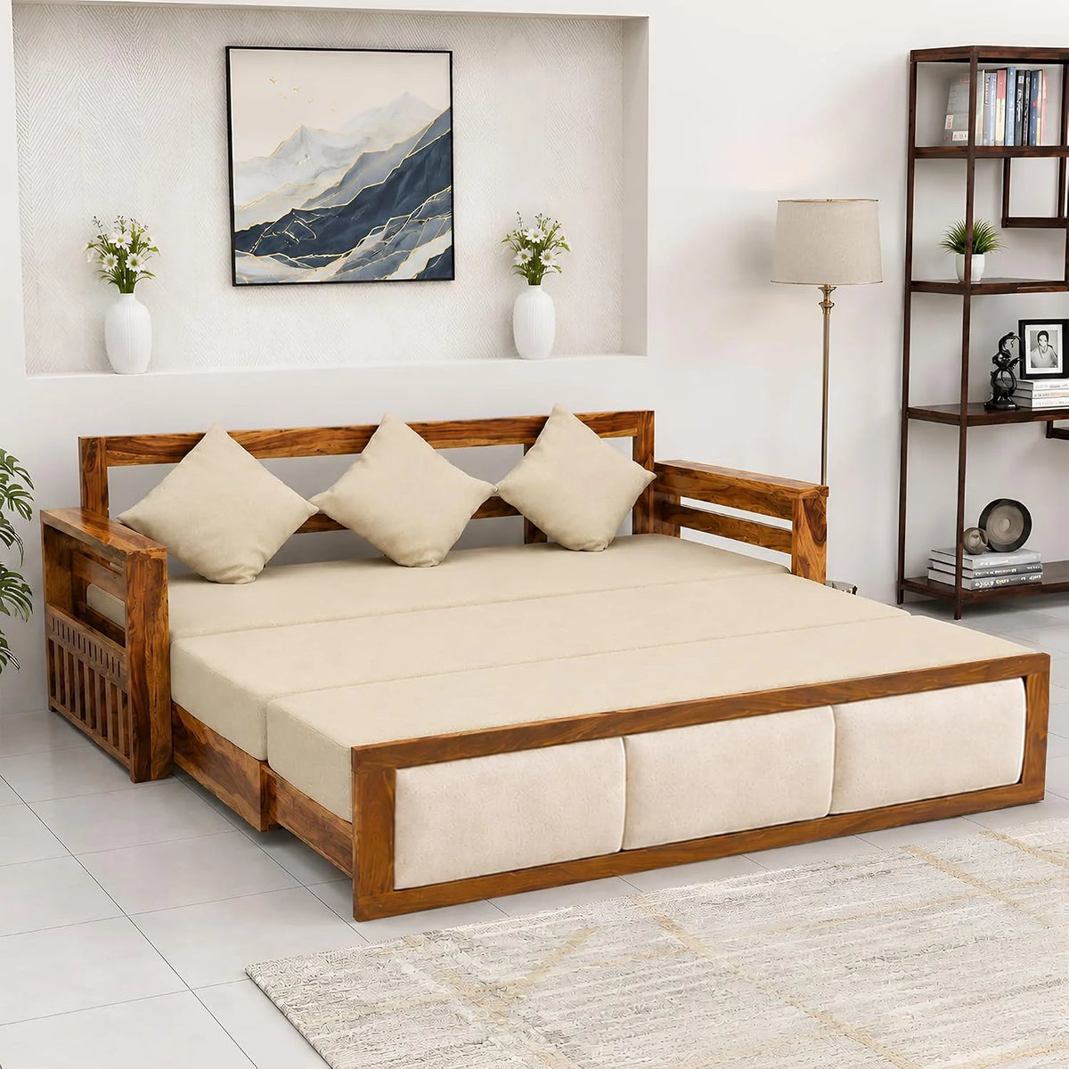 Zeus Solid Sheesham Wood Sofa Cum Bed - Natural Finish