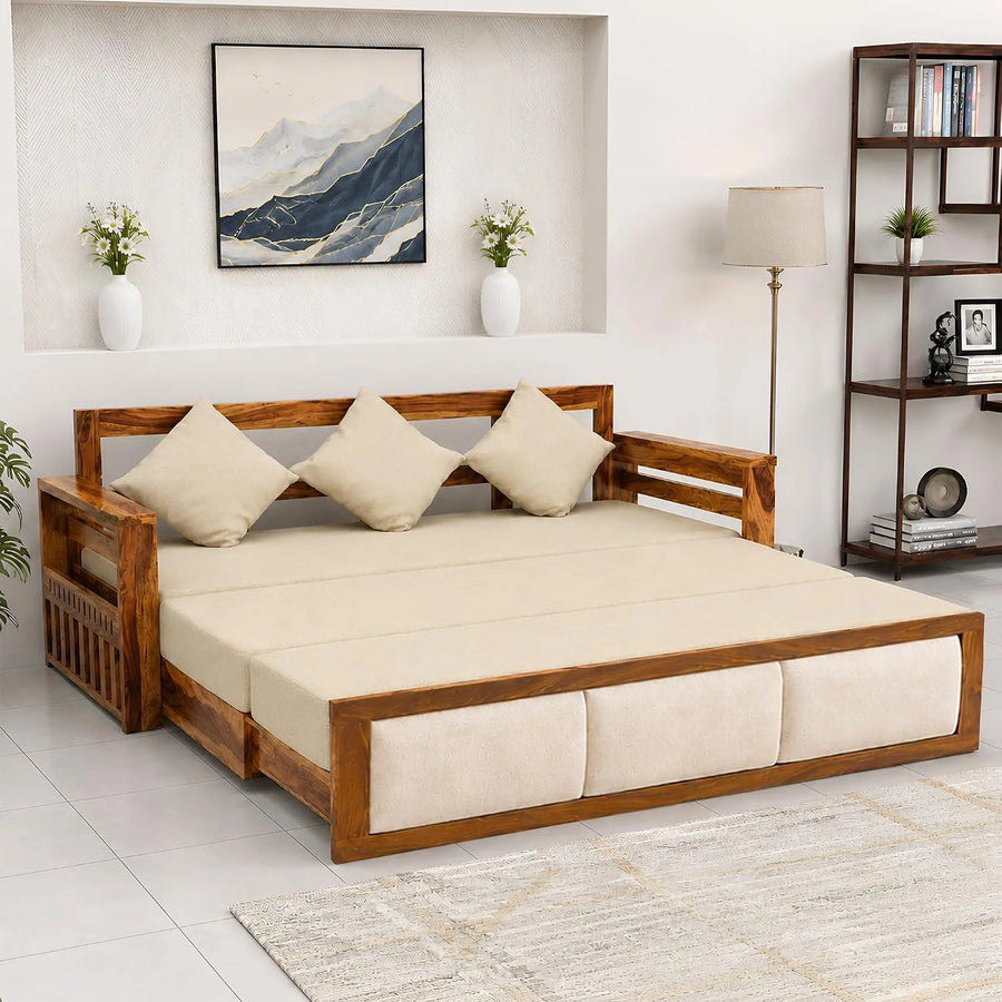 Zeus Solid Sheesham Wood Sofa Cum Bed - Natural Finish