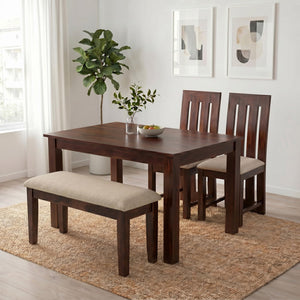 Poster Solid Sheesham Wood 4 Seater Dining Table Set with Bench - Walnut Finish