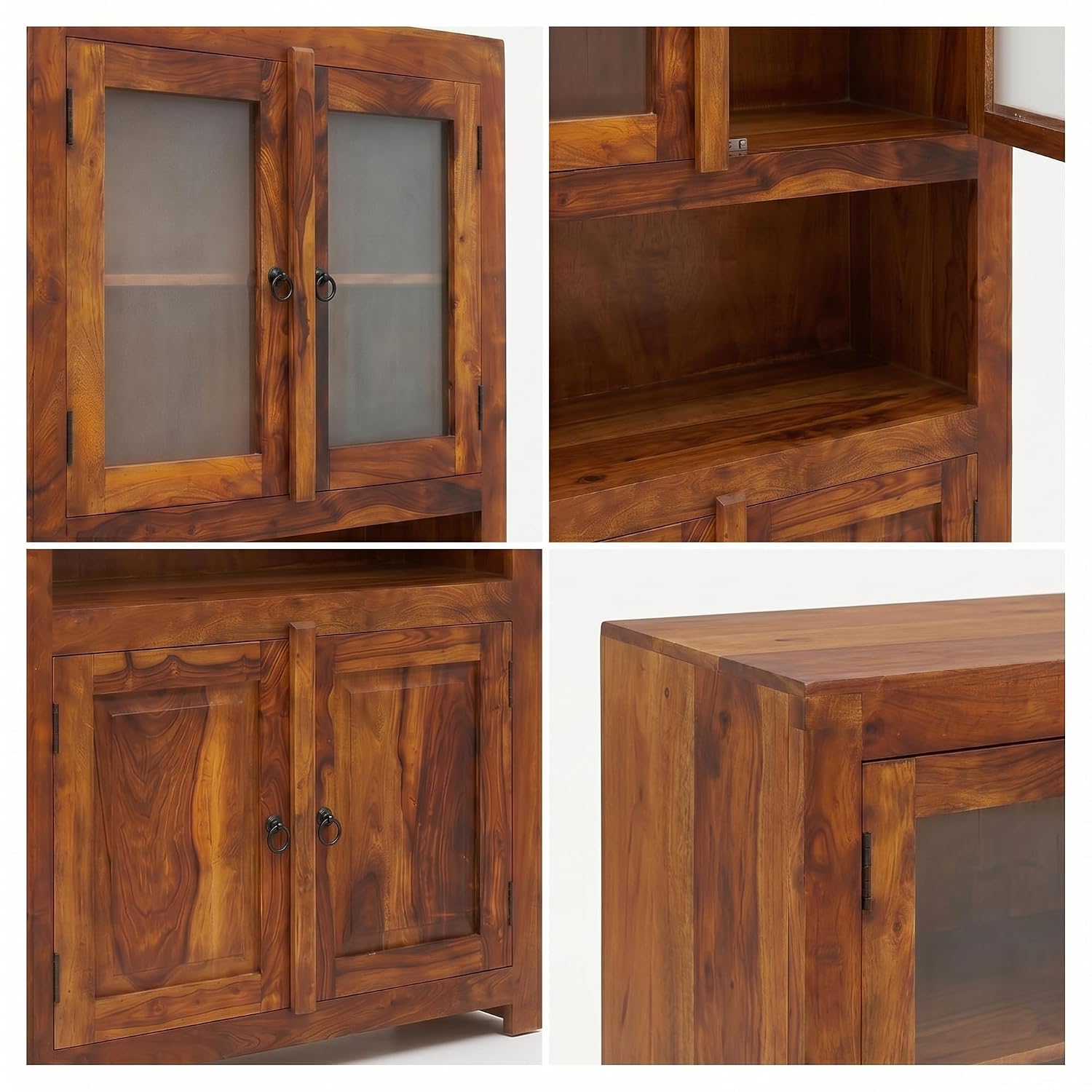 4 Door Sheesham Wood Crockery Cabinet & Book shelf with Glass Door - Natural Finish
