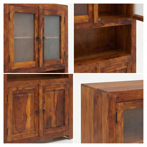 4 Door Sheesham Wood Crockery Cabinet & Book shelf with Glass Door - Natural Finish