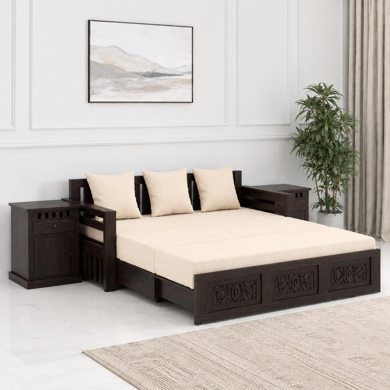 Maharaja With Bedside Solid Sheesham Wood Sofa Cum Bed - Walnut Finish