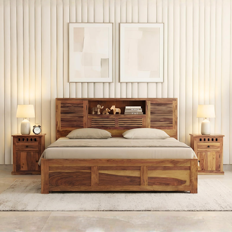 Urban Solid Sheesham Wood King Size Bed with Box Storage - Natural Finish
