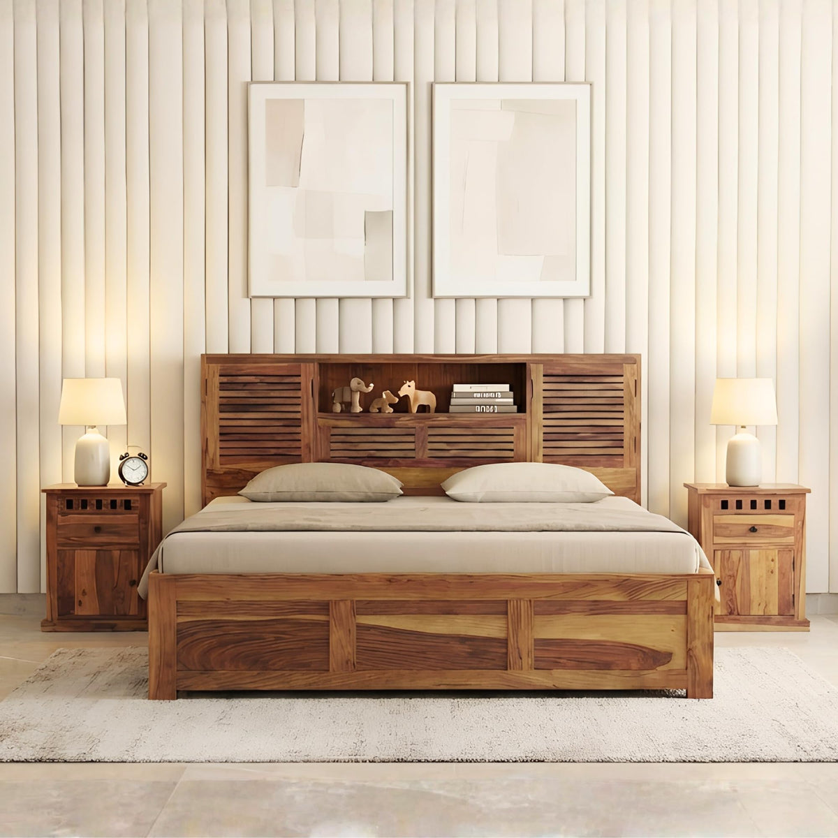 Urban Sheesham Wood King Size Bed with Storage + 2 Bedside in natural finish - close-up of the natural finish and wood grain