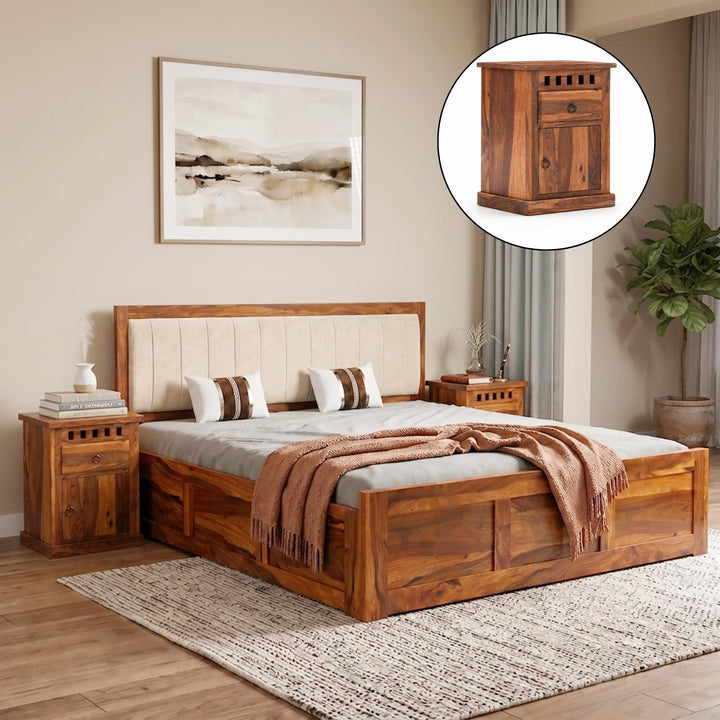 Veronica Solid Sheesham Wood King Size Bed with Box Storage & 2 Bedside Tables in natural finish