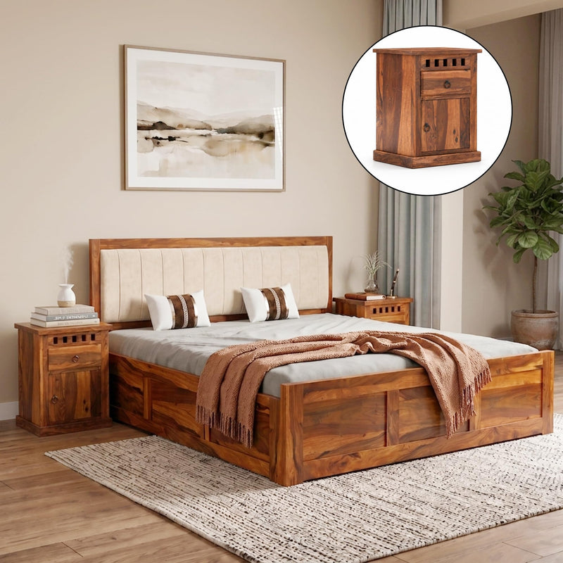 Veronica Solid Sheesham Wood King Size Bed with Box Storage & 2 Bedside Tables - Natural Finish