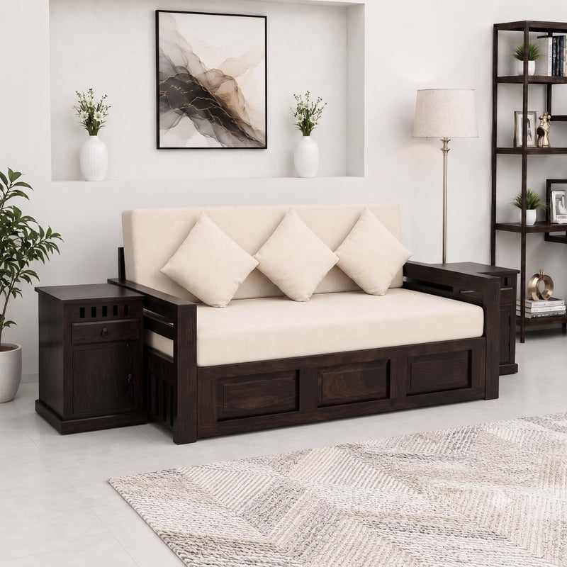 Regal With Bedside Solid Sheesham Wood Sofa Cum Bed - Walnut Finish