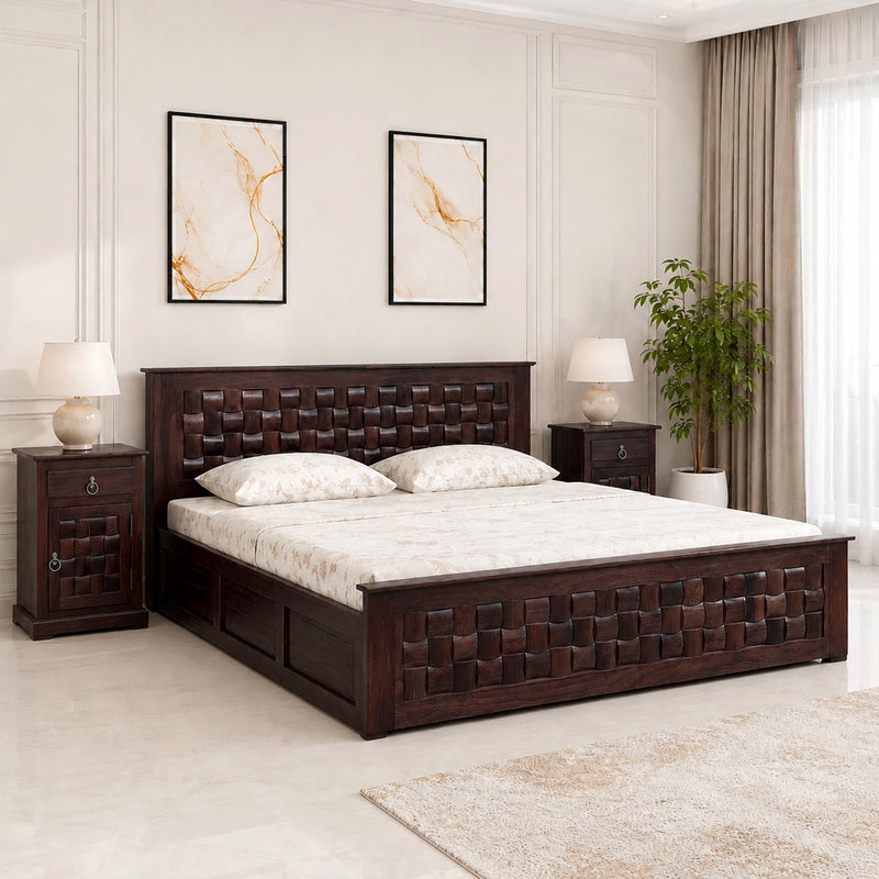 Niwar Solid Sheesham Wood King Size Bed with Box Storage - Natural Finish