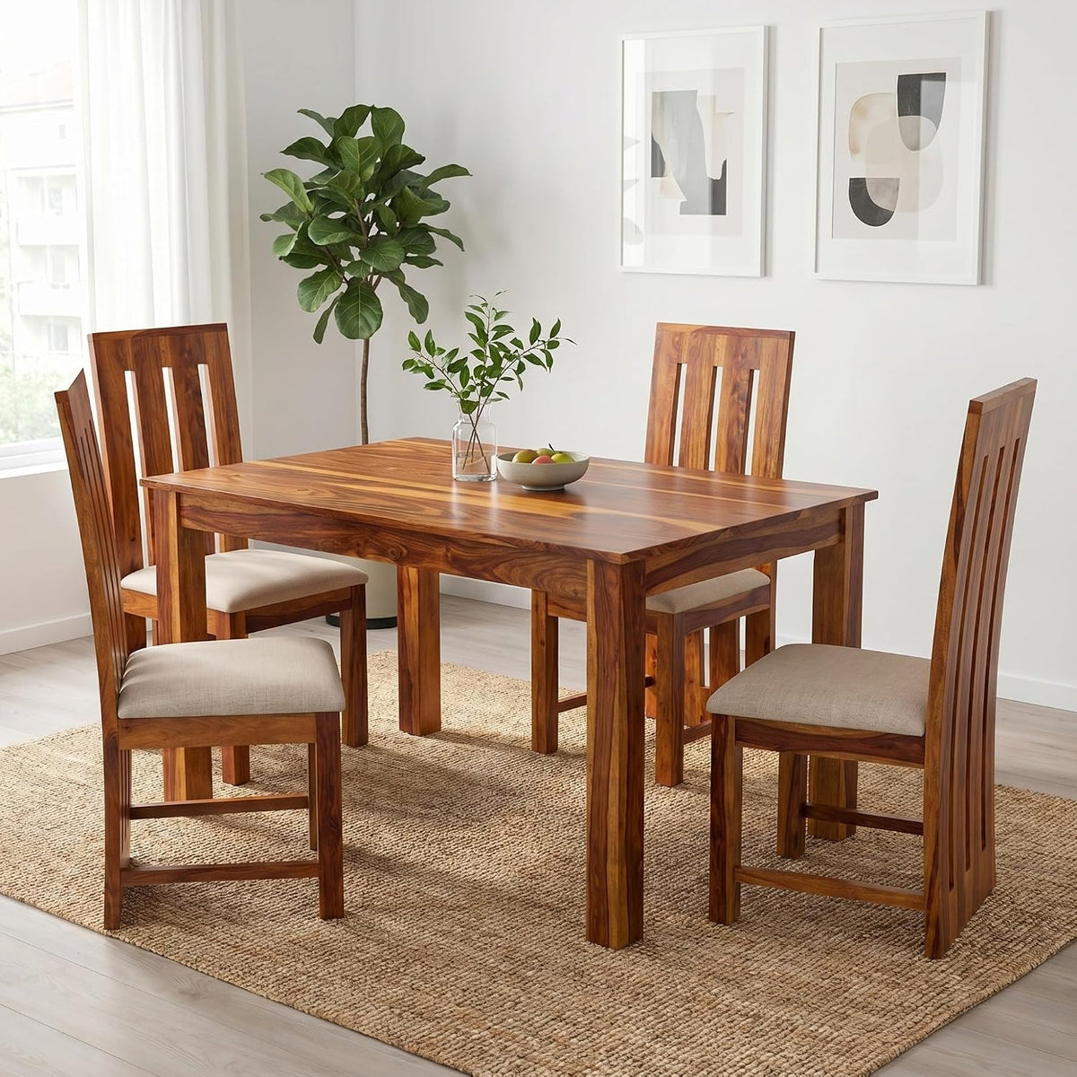 Poster D2 Solid Sheesham Wood Dining Table 4 Seater Dining Table Set - Natural Finish