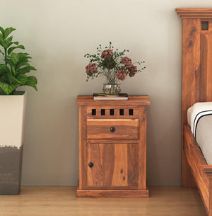 Kuber Wooden Bedside Table With Drawer Design - Natural Finish