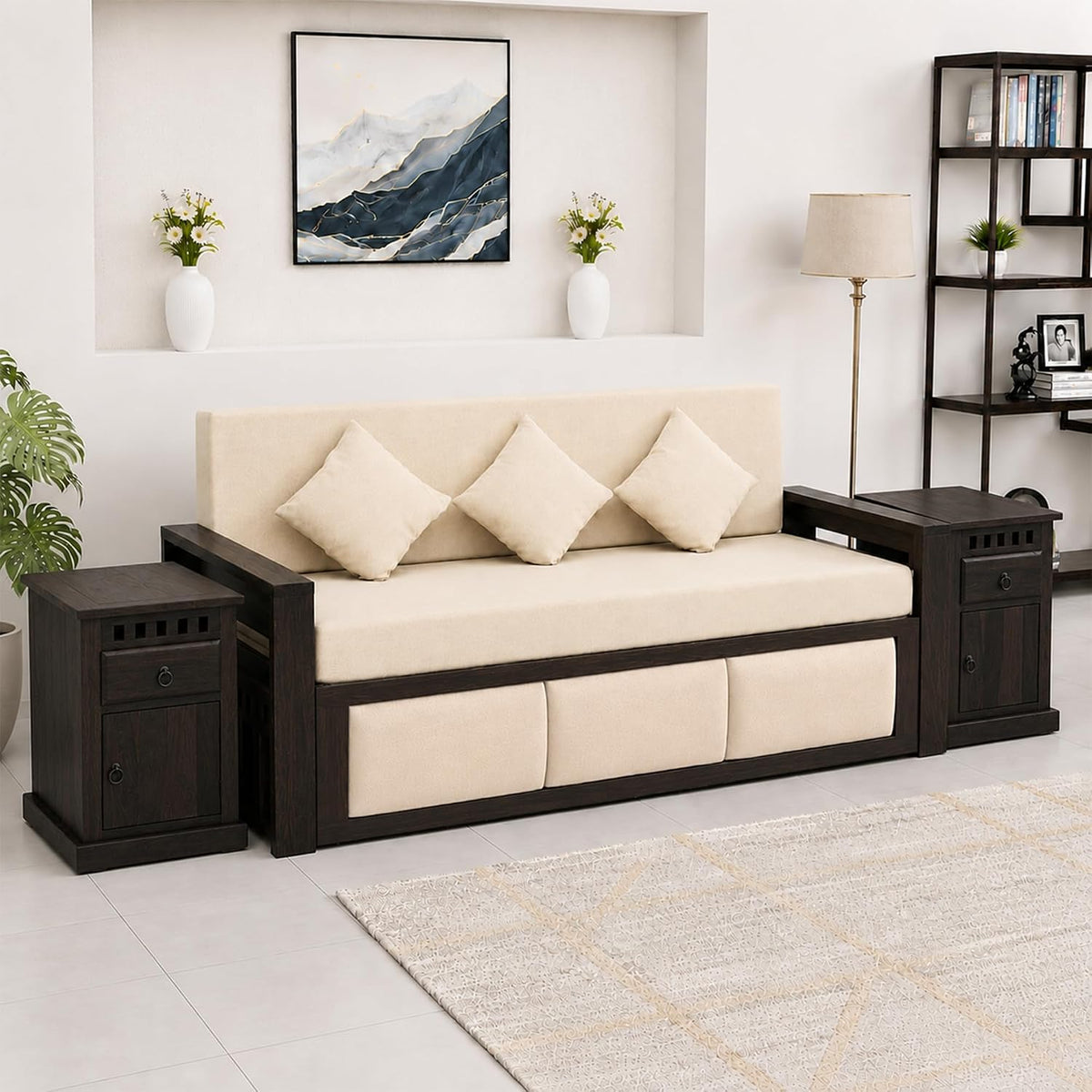 Zeus With Bedside Solid Sheesham Wood Sofa Cum Bed in walnut finish - close-up of the walnut finish and wood grain