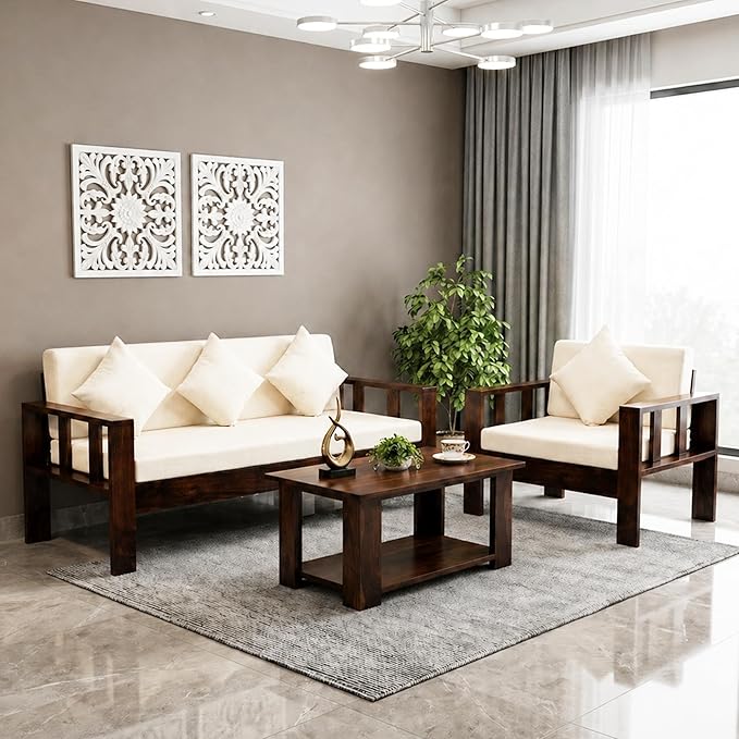 Natraj Solid Sheesham Wood Sofa Set 4 Seater with Cushion Seat