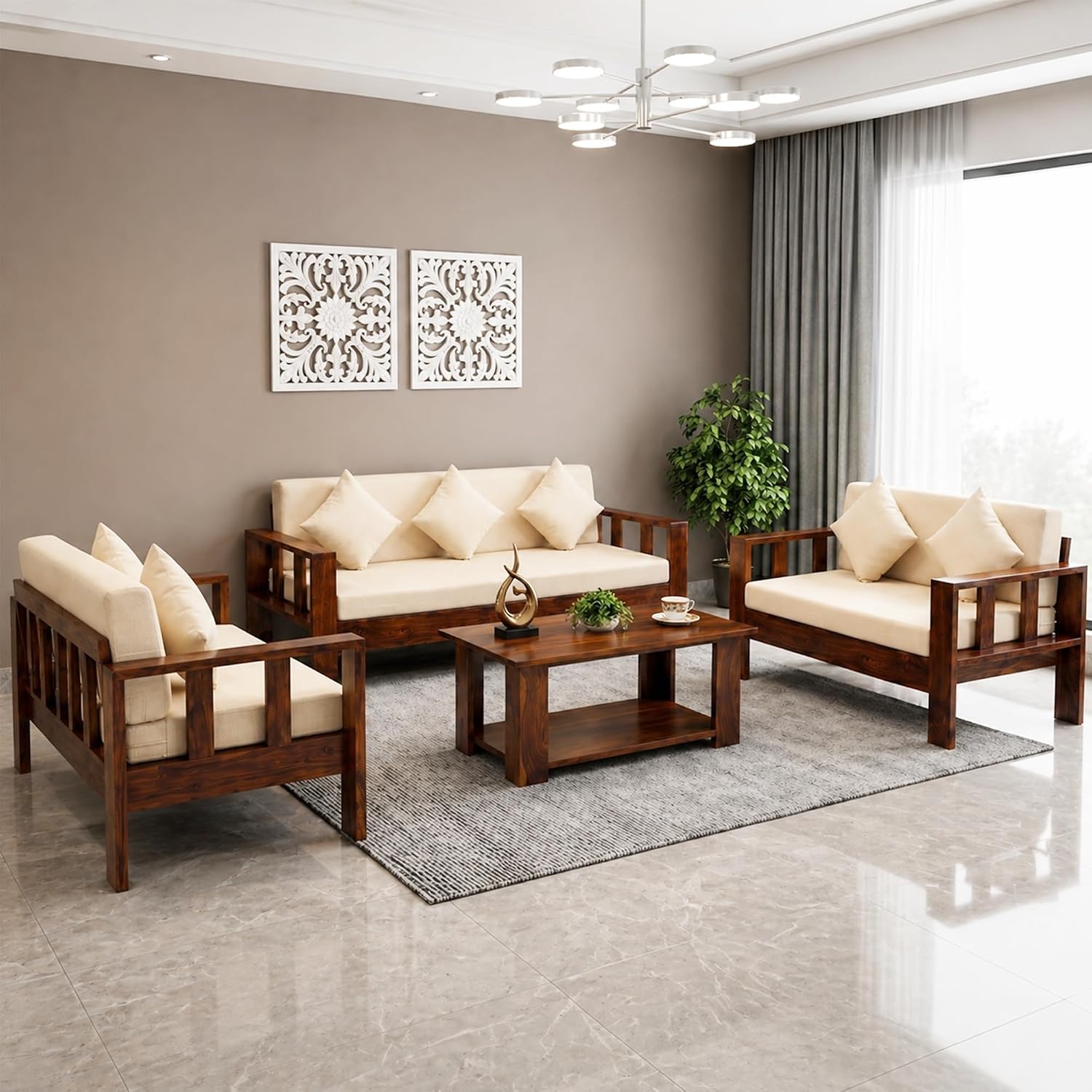 Natraj 7 Seater Solid Sheesham Wood Sofa Set for Living Room - Natural Finish
