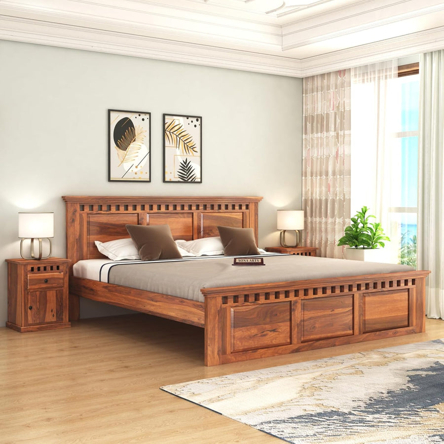 Kuber Solid Sheesham Wood King Size Bed Without Storage Finish - Honey