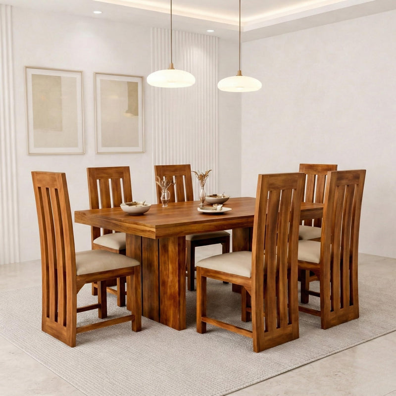 Poster Cushion Solid Sheesham Wood 6 Seater Dining Table Set - Natural Finish
