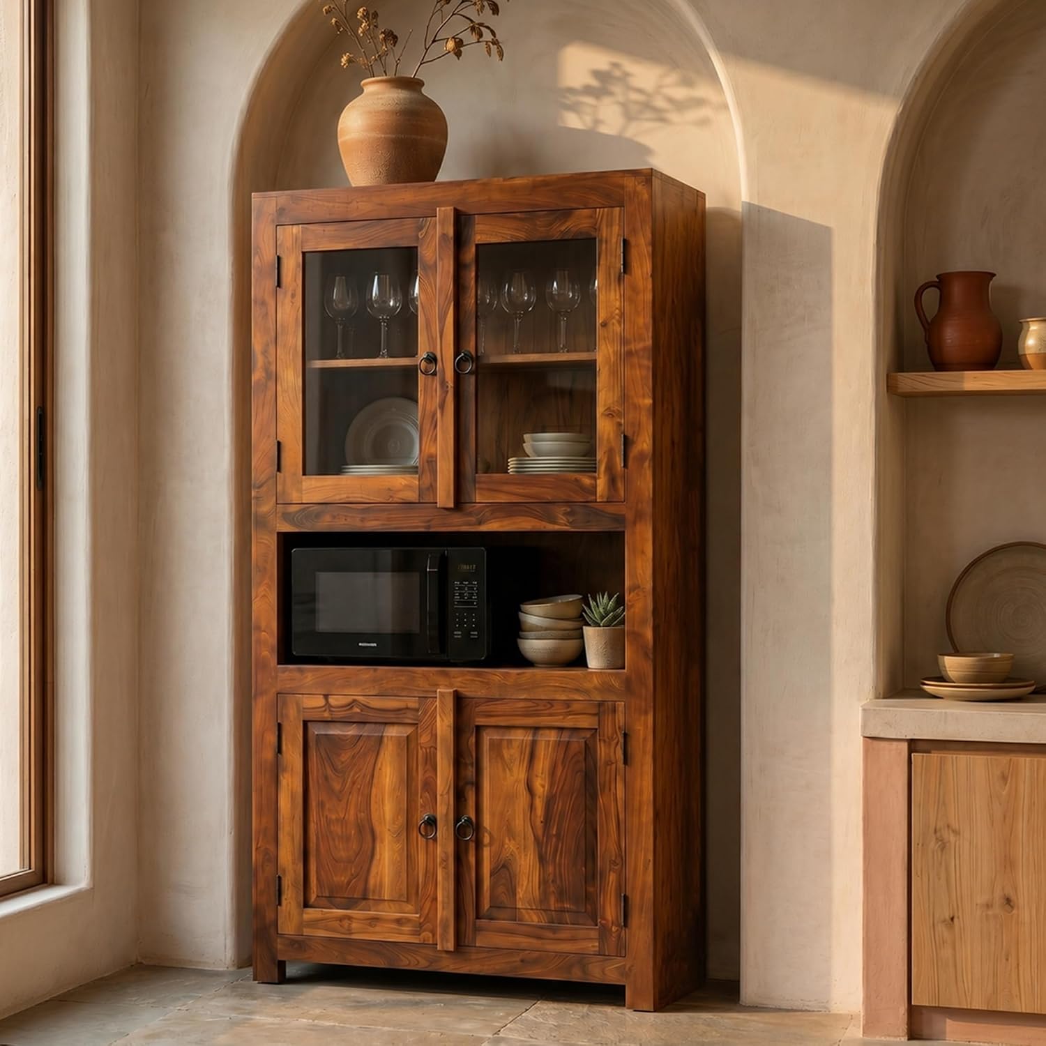 4 Door Sheesham Wood Crockery Cabinet & Book shelf with Glass Door - Natural Finish