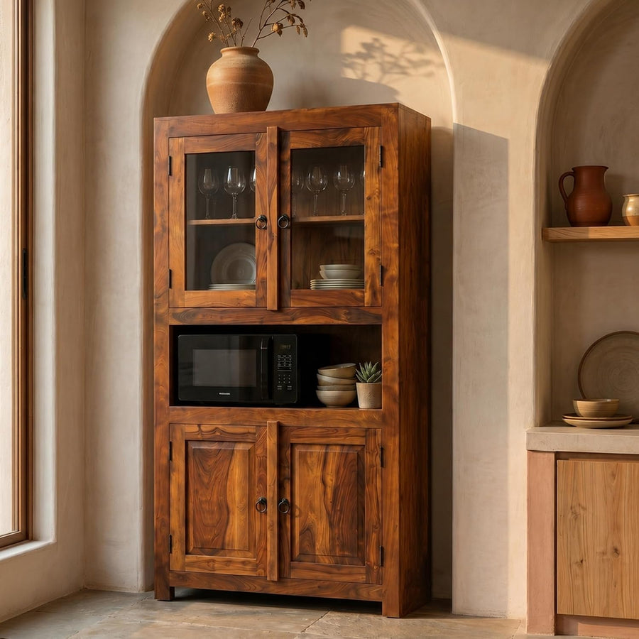 4 Door Sheesham Wood Crockery Cabinet & Book shelf with Glass Door - Natural Finish