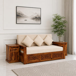 Maharaja With Bedside Solid Sheesham Wood Sofa Cum Bed - Natural Finish