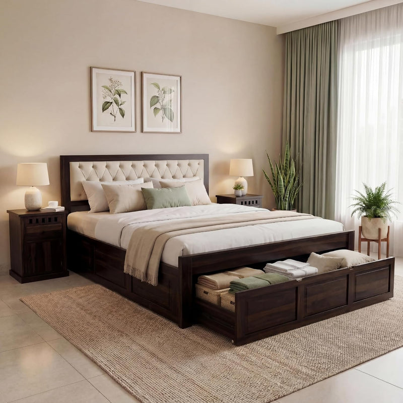 Zeus Solid Sheesham Wood King Size Bed with Drawer Storage - Walnut Finish