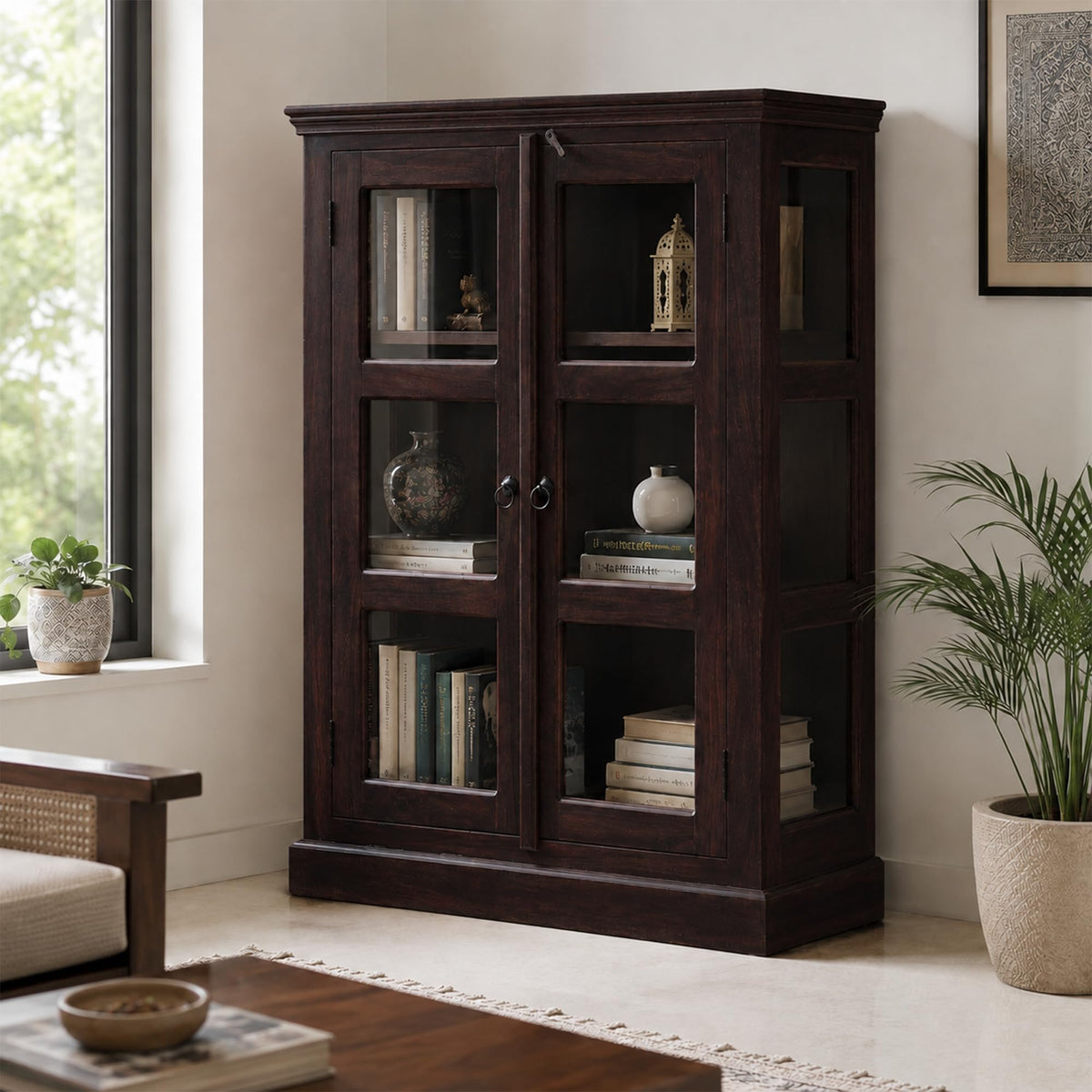 Mini 20 Glass Solid Sheesham Wood Book Shelf for Home Library in walnut finish