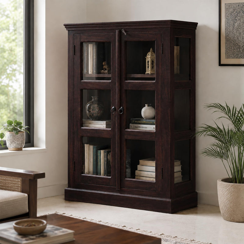Mini 20 Glass Solid Sheesham Wood Book Shelf for Home Library - Walnut Finish