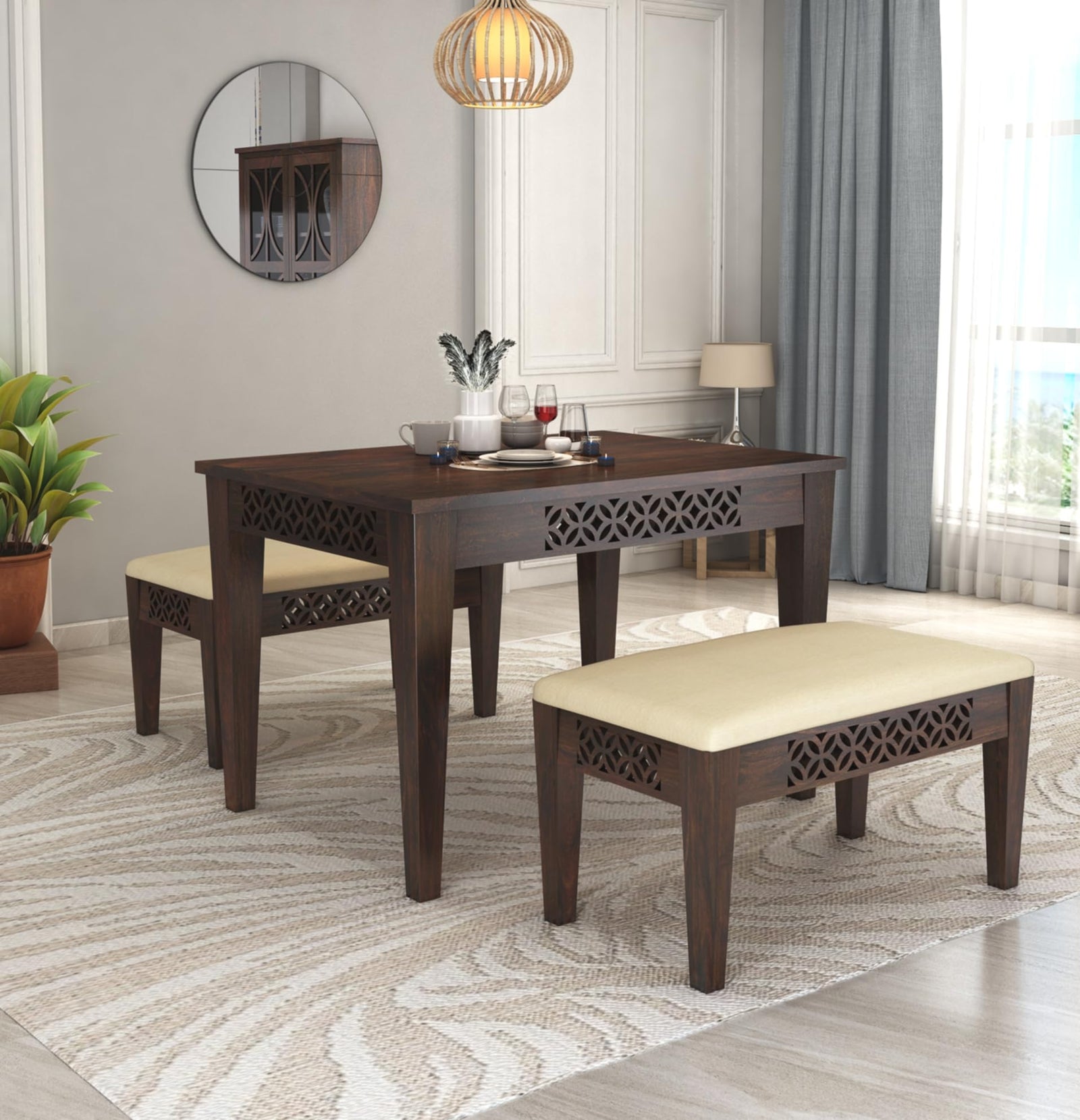CNC Sheesham Wood Dining Table Set With Two Bench - Walnut