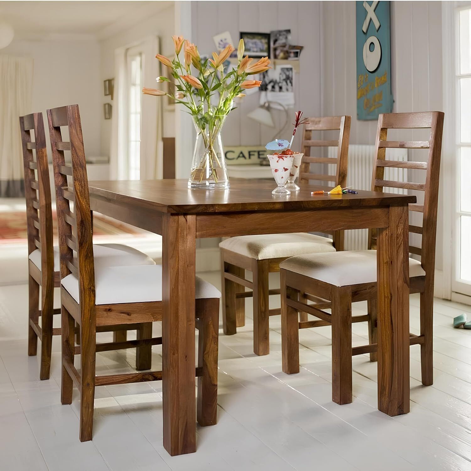 Solid Sheesham Wood 4 Seater Dining Table Set Natural Finish - Natural