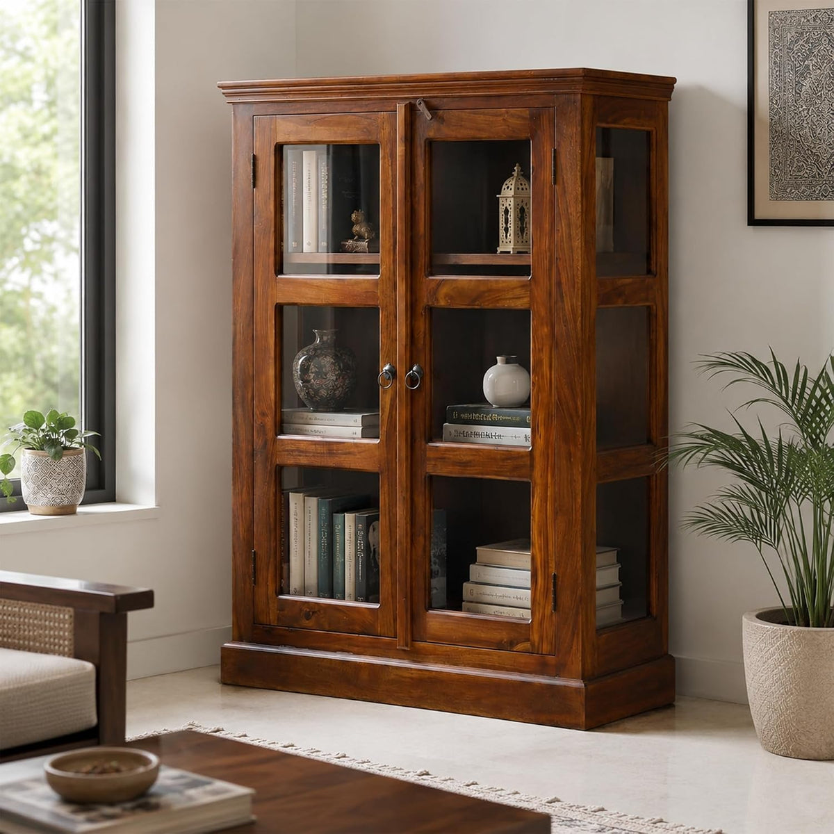 Vista Mini Solid Sheesham Wood Book Shelf with Glass Door for Home Library - Natural Finish