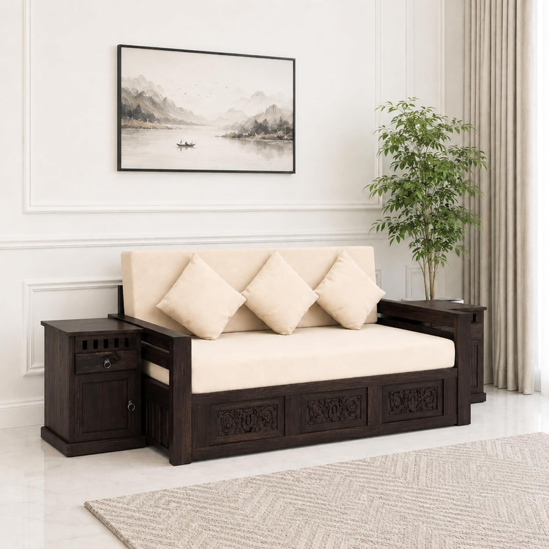 Maharaja With Bedside Solid Sheesham Wood Sofa Cum Bed - Walnut Finish