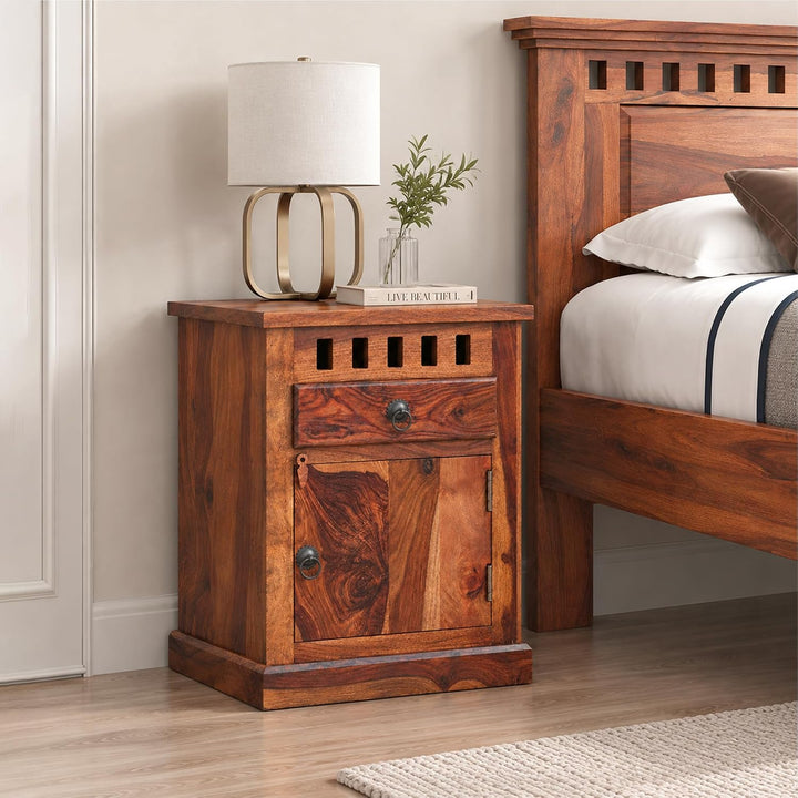 Kuber Solid Sheesham Wood Bedside Table - Natural Finish