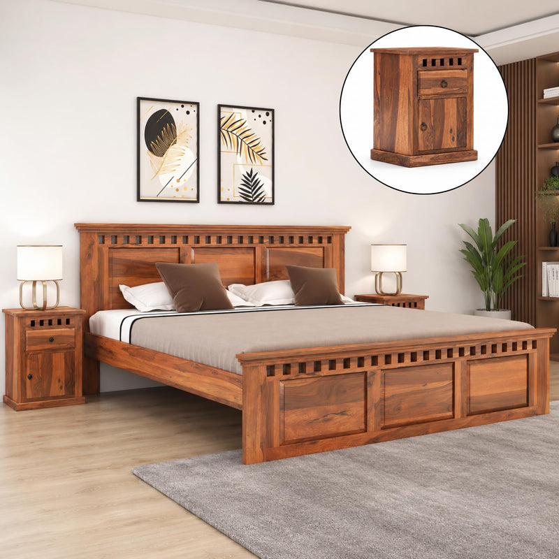 Kuber Solid Sheesham Wood King Size Bed without Storage & 2 Bedside Tables - Natural Finish