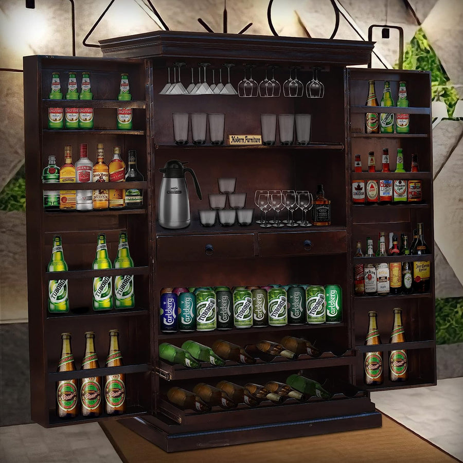Miller Wooden Bar Cabinet with Wine Glass Storage for Living Room - Walnut Finish