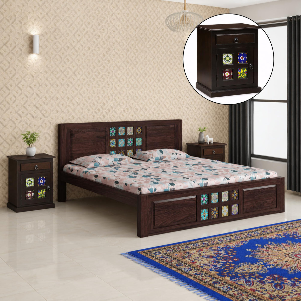 Taurus Solid Sheesham Wood King Size Bed without Storage & 2 Bedside Tables - Walnut Finish