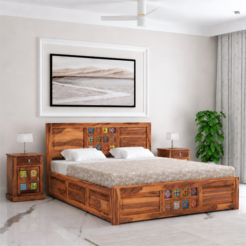 Taurus Solid Sheesham Wood King Size Bed with Box Storage - Natural Finish