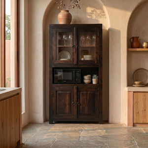 4 Door Sheesham Wood Bookshelf & Crockery Cabinet - Walnut Finish
