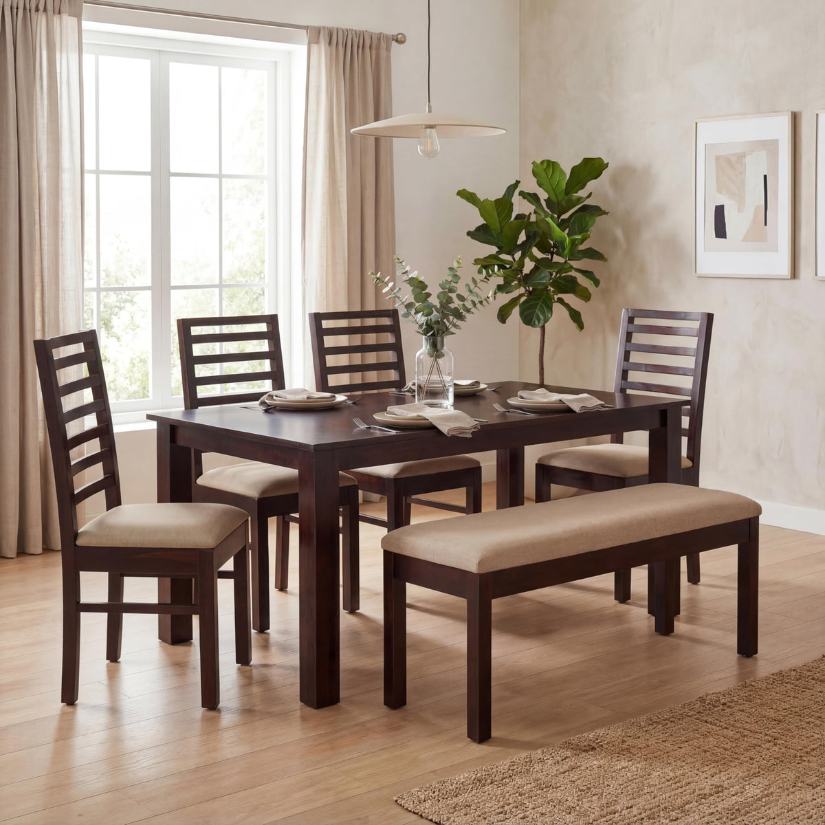 7 Fanti walnut with Solid Sheesham Wood 6 Seater Dining Table Set with Bench