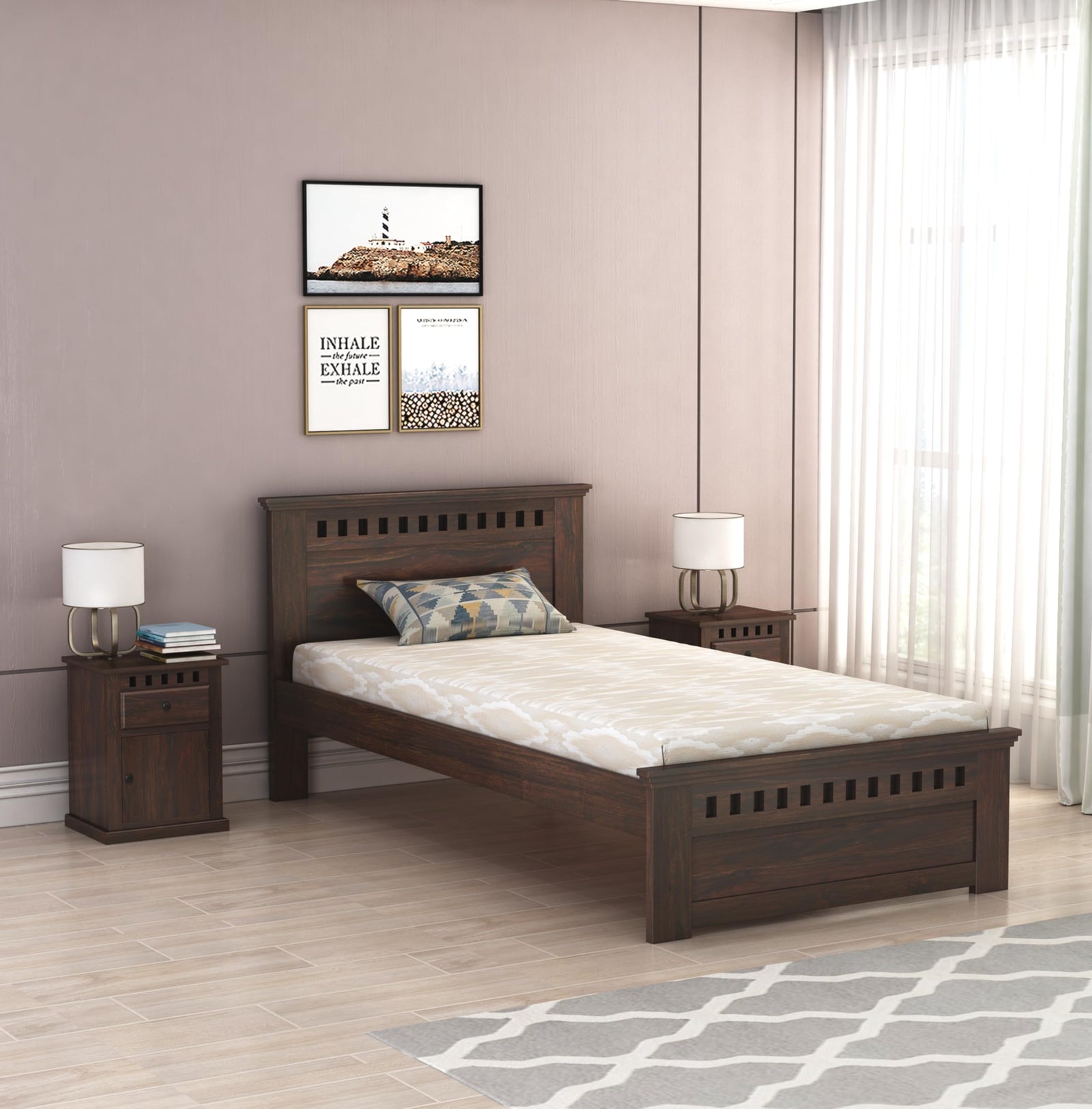 Kuber Solid Sheesham Wood Single Bed Furniture for Bedroom - Walnut Finish