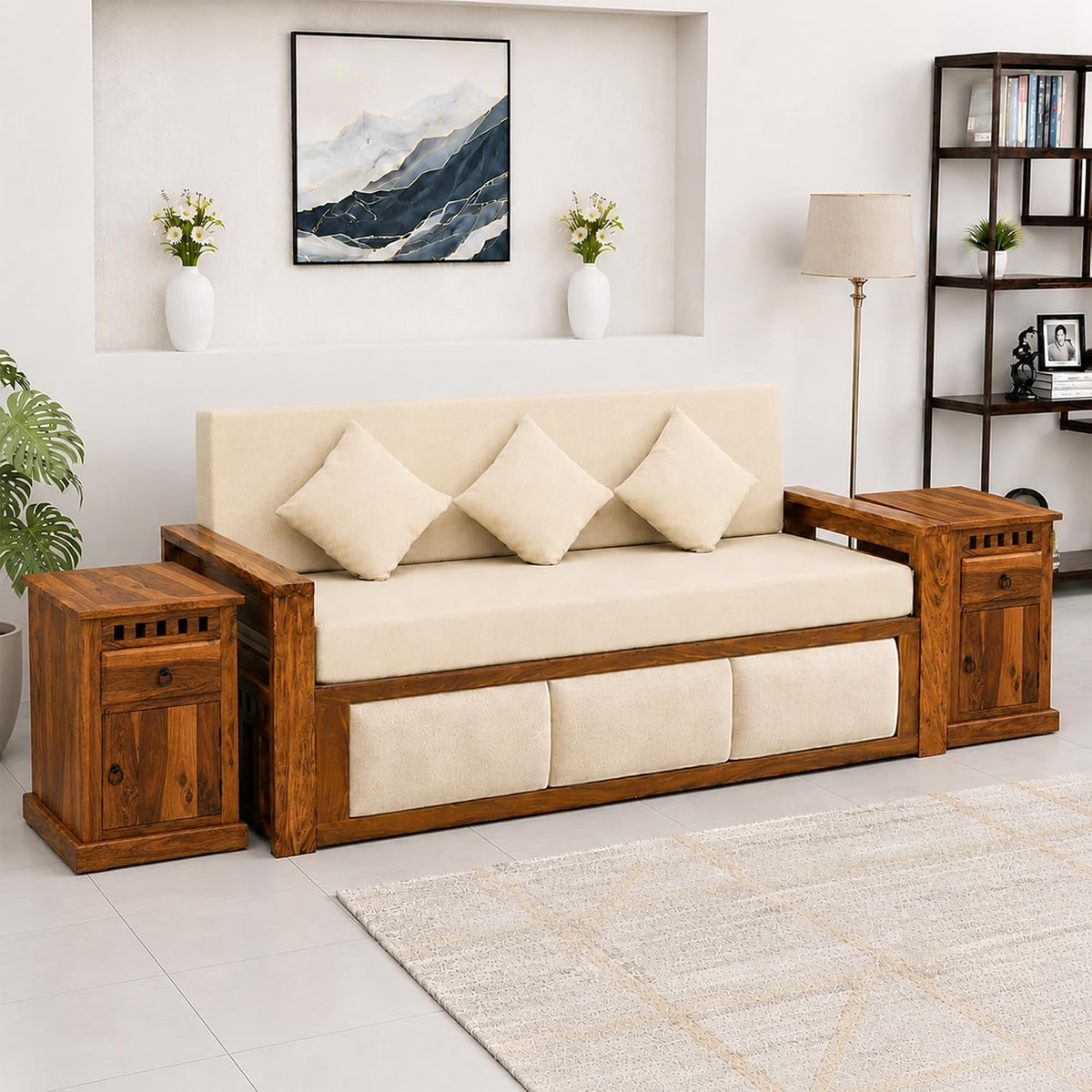 Zeus With Bedside Solid Sheesham Wood Sofa Cum Bed in natural finish - close-up of the natural finish and wood grain