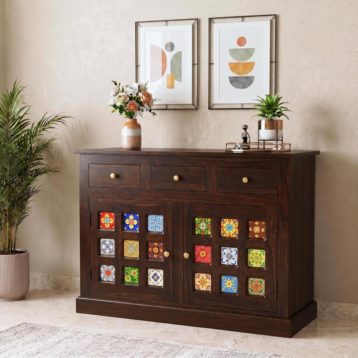 Mini Tile Wooden Sideboard Tv Cabinet for Living Room - Walnut Finish