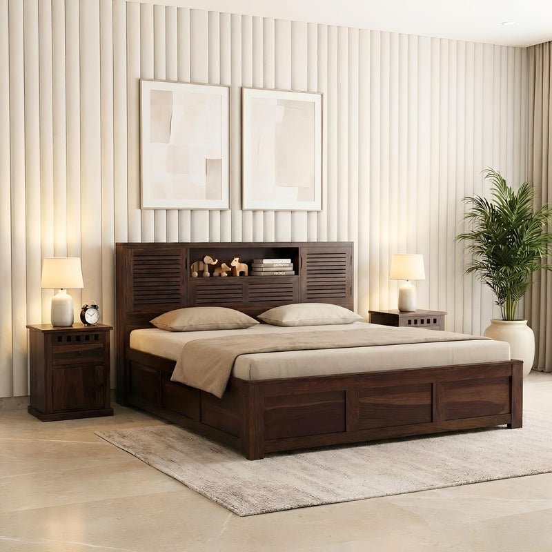 Urban Solid Sheesham Wood Queen Size Bed with Box Storage & 2 Bedside Tables - Walnut Finish