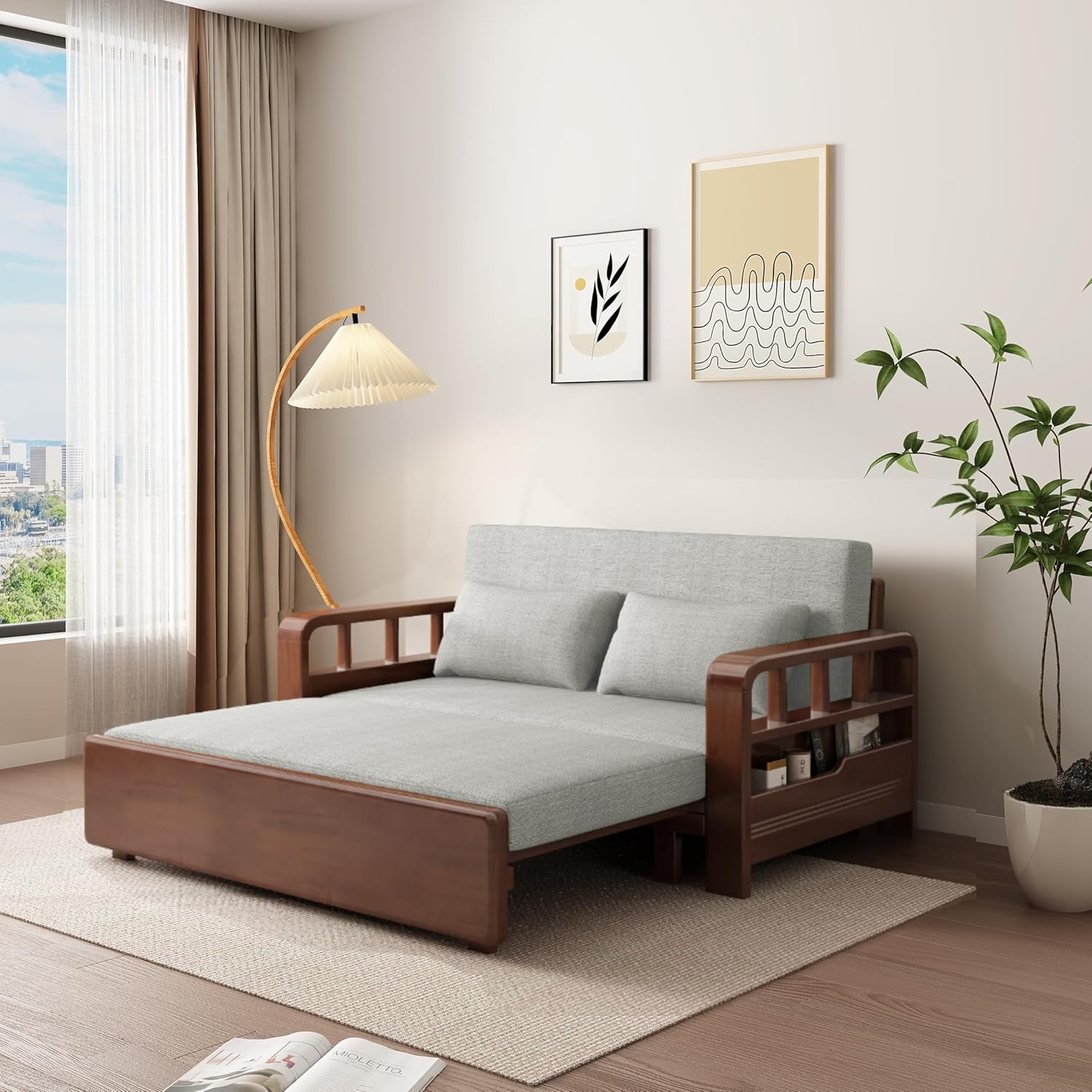 Relaxio Wooden 3 Seater Sofa Cum Bed with Storage - Oak Wood - Grey Cushion