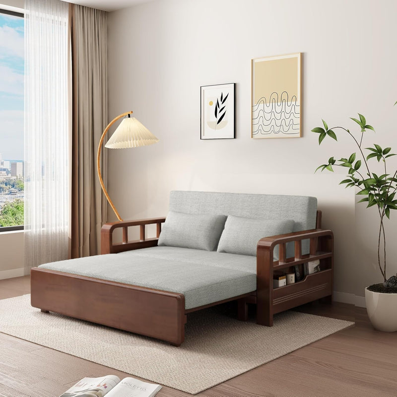 Relaxio Wooden 3 Seater Sofa Cum Bed with Storage - Oak Wood - Grey Cushion
