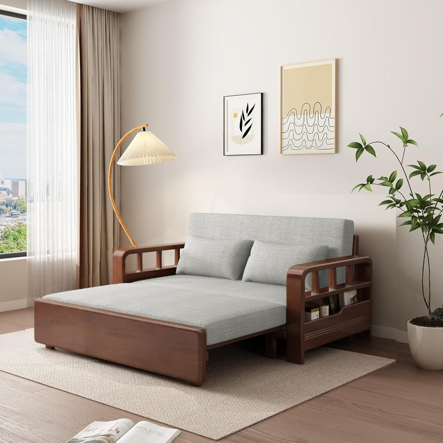 Relaxio Wooden 3 Seater Sofa Cum Bed with Storage - Oak Wood - Grey Cushion
