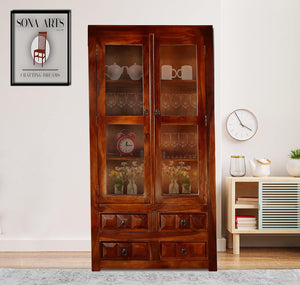 Diamond Wooden Book Shelf with Glass Rack and Drawer Storage - Natural Finish