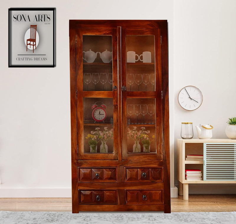 Diamond Wooden Book Shelf with Glass Rack and Drawer Storage - Natural Finish