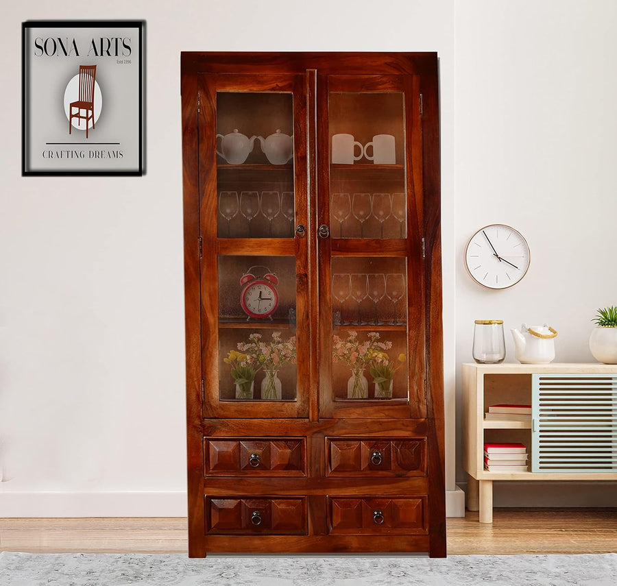 Diamond Wooden Book Shelf with Glass Rack and Drawer Storage - Natural Finish