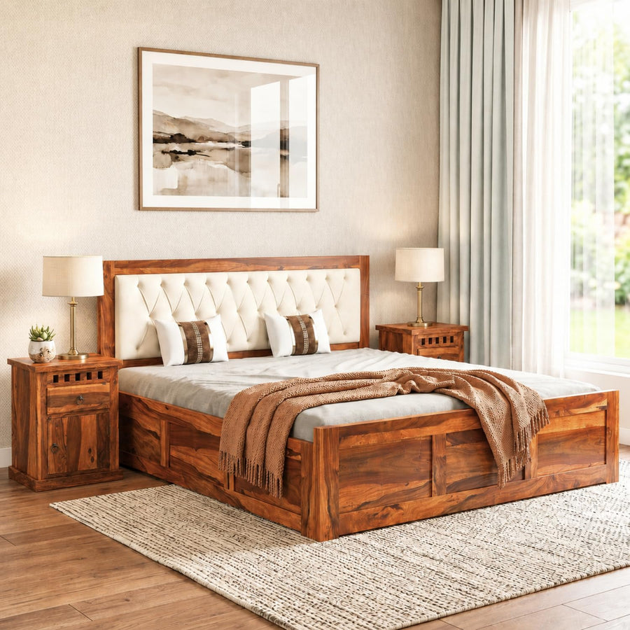 Zeus Solid Sheesham Wood Upholstered Queen Size Bed with Box Storage - Natural Finish