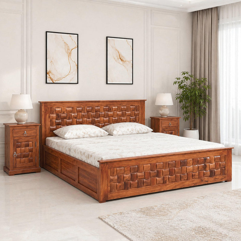 Niwar Solid Sheesham Wood King Size Bed with Box Storage & 2 Bedside Tables - Walnut Finish
