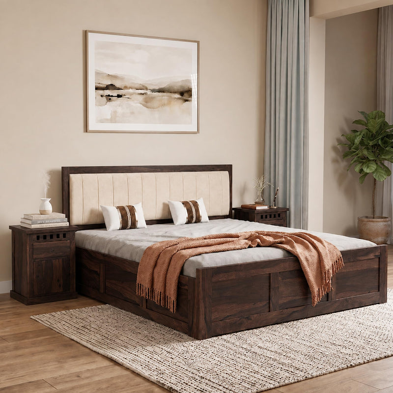 Veronica Solid Sheesham Wood Queen Size Bed with Box Storage - Walnut Finish